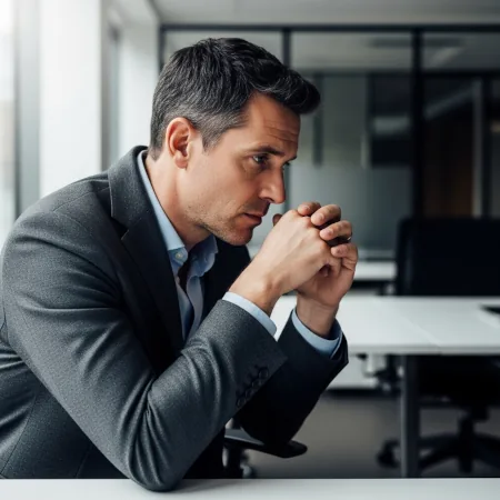 Adult man seated at a desk with a fatigued posture, representing low energy and burnout often associated with hormonal imbalance.
