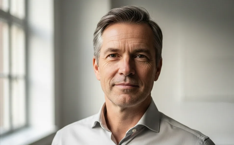 Middle-aged man standing indoors with a calm, confident expression, representing men’s hormonal health and vitality.