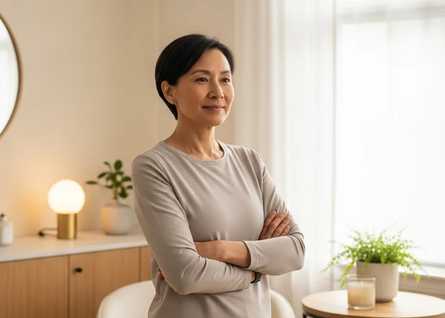 Adult woman standing calmly in a warm, modern interior, representing a physician-led medical weight loss approach in Searcy, Arkansas.