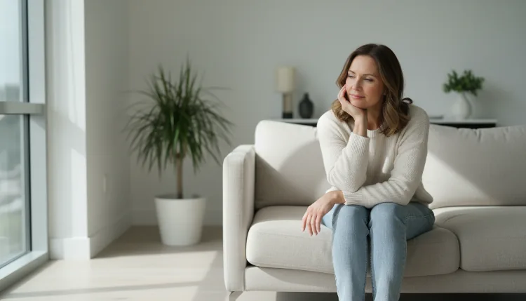 Woman reflecting in a calm home setting, representing women’s health and hormonal balance