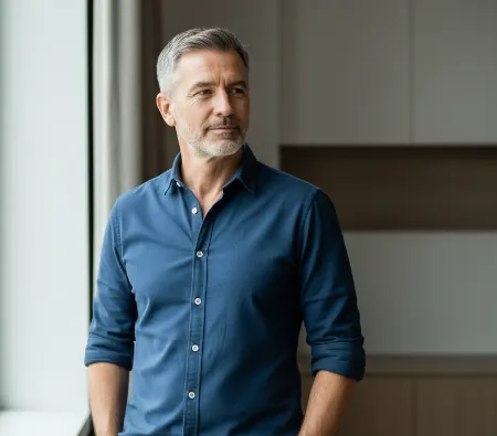 Confident middle-aged man in a modern medical setting representing data-driven men’s hormone care