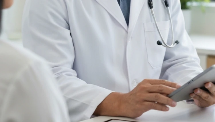 Physician reviewing patient health information on a tablet during a longevity medicine consultation
