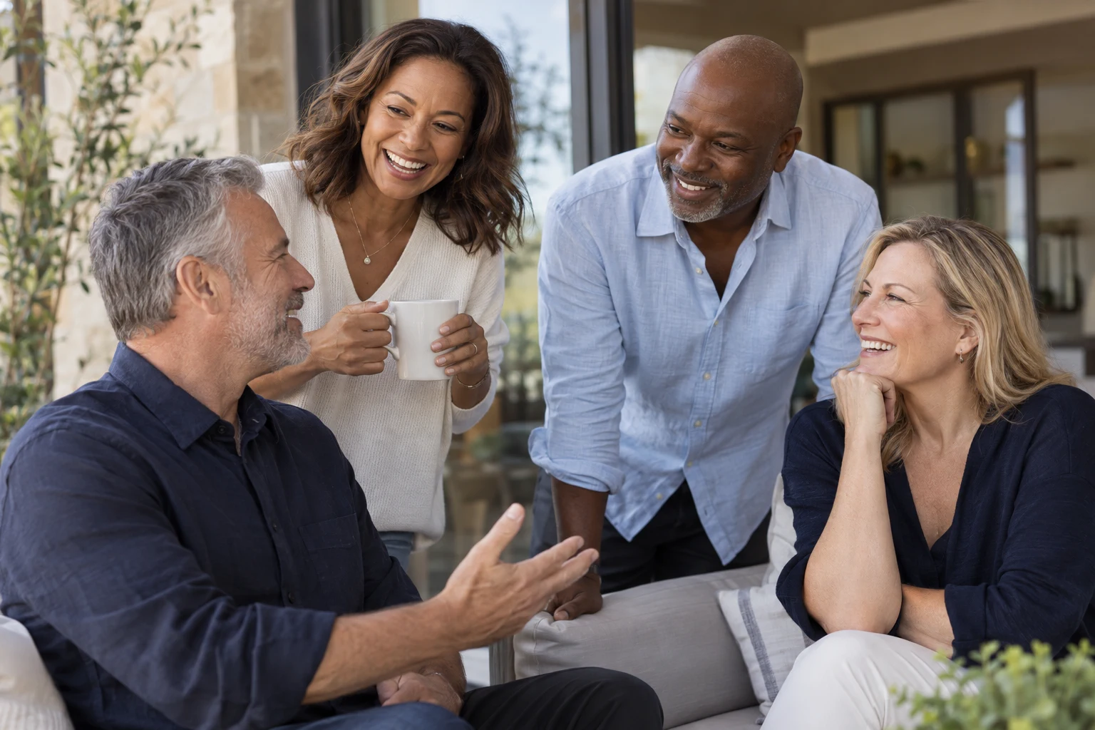 Four adults sharing a relaxed conversation